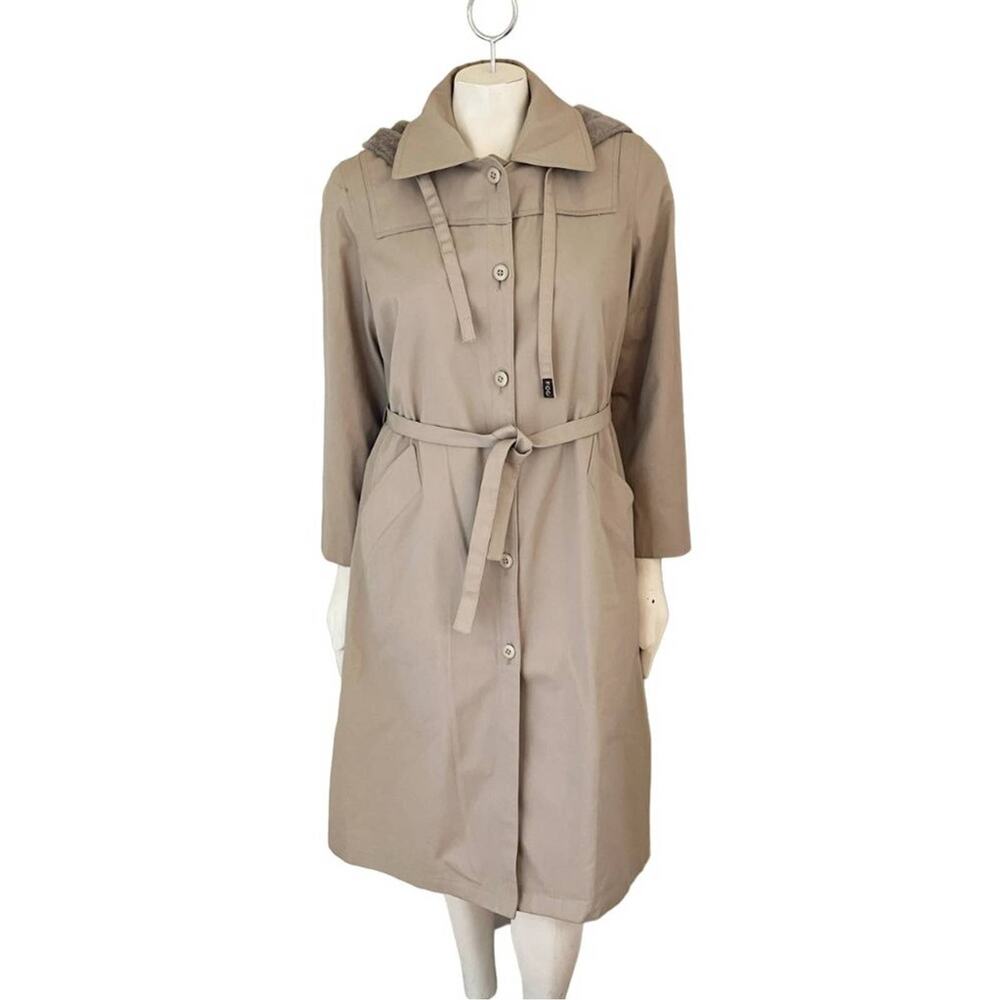 VTG LONDON FOG Faux Fur Lined Belted Hooded Trench Coat in Khaki SZ 10P